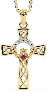 Diamond Ruby Gold Claddagh Celtic Cross Necklace