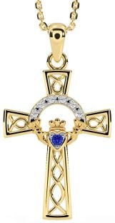 Diamond Sapphire Gold Claddagh Celtic Cross Necklace