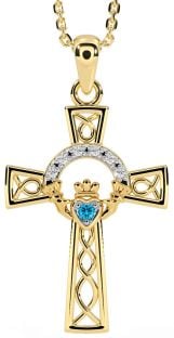 Diamond Topaz Gold Claddagh Celtic Cross Necklace