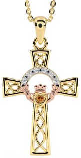 Diamond Citrine Rose Yellow Gold Claddagh Celtic Cross Necklace