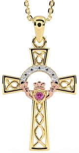 Diamond Pink Tourmaline Rose Yellow Gold Claddagh Celtic Cross Necklace
