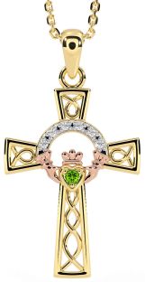 Diamond Peridot Rose Yellow Gold Claddagh Celtic Cross Necklace