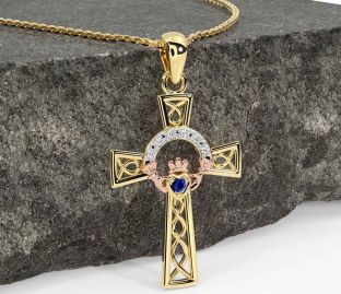 Diamond Sapphire Rose Yellow Gold Claddagh Celtic Cross Necklace