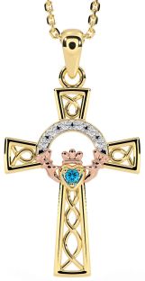 Diamond Topaz Rose Yellow Gold Claddagh Celtic Cross Necklace