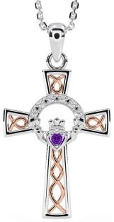 Diamond Amethyst Rose Gold Silver Claddagh Celtic Cross Necklace