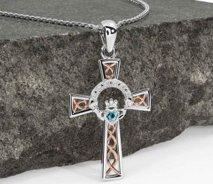 Diamond Aquamarine Rose Gold Silver Claddagh Celtic Cross Necklace