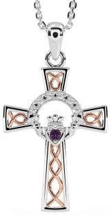 Diamond Alexandrite Rose Gold Silver Claddagh Celtic Cross Necklace
