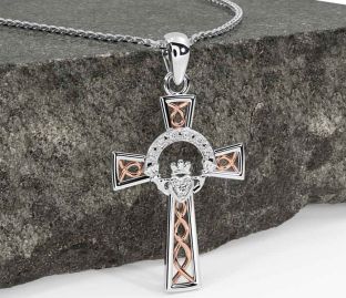 Diamond Rose Gold Silver Claddagh Celtic Cross Necklace