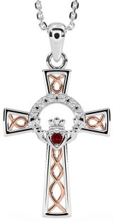 Diamond Garnet Rose Gold Silver Claddagh Celtic Cross Necklace