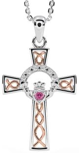 Diamond Pink Tourmaline Rose Gold Silver Claddagh Celtic Cross Necklace