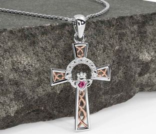 Diamond Pink Tourmaline Rose Gold Silver Claddagh Celtic Cross Necklace