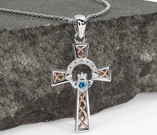 Diamond Topaz Rose Gold Silver Claddagh Celtic Cross Necklace