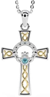 Diamond Aquamarine Gold Silver Claddagh Celtic Cross Necklace