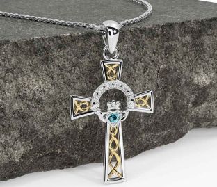 Diamond Aquamarine Gold Silver Claddagh Celtic Cross Necklace