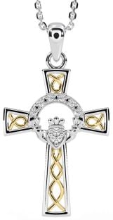 Diamond Gold Silver Claddagh Celtic Cross Necklace