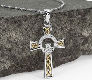 Diamond Gold Silver Claddagh Celtic Cross Necklace