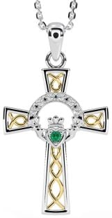 Diamond Emerald Gold Silver Claddagh Celtic Cross Necklace