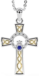 Diamond Sapphire Gold Silver Claddagh Celtic Cross Necklace