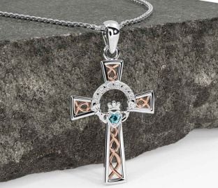 Diamond Aquamarine White Rose Gold Claddagh Celtic Cross Necklace