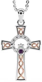 Diamond Alexandrite White Rose Gold Claddagh Celtic Cross Necklace