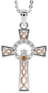 Diamond Citrine White Rose Gold Claddagh Celtic Cross Necklace