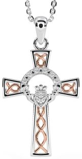 Diamond White Rose Gold Claddagh Celtic Cross Necklace