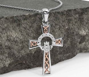 Diamond White Rose Gold Claddagh Celtic Cross Necklace