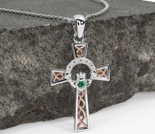 Diamond Emerald White Rose Gold Claddagh Celtic Cross Necklace