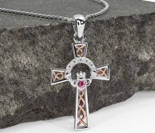 Diamond Pink Tourmaline White Rose Gold Claddagh Celtic Cross Necklace