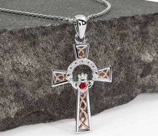 Diamond Ruby White Rose Gold Claddagh Celtic Cross Necklace
