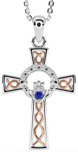 Diamond Sapphire White Rose Gold Claddagh Celtic Cross Necklace