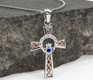 Diamond Sapphire White Rose Gold Claddagh Celtic Cross Necklace