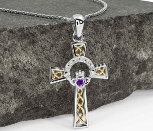 Diamond Amethyst White Yellow Gold Claddagh Celtic Cross Necklace
