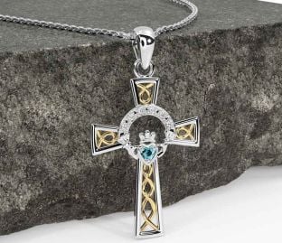 Diamond Aquamarine White Yellow Gold Claddagh Celtic Cross Necklace