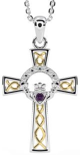 Diamond Alexandrite White Yellow Gold Claddagh Celtic Cross Necklace