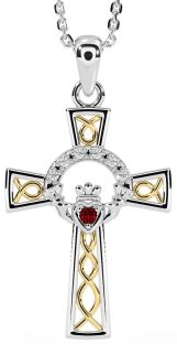 Diamond Garnet White Yellow Gold Claddagh Celtic Cross Necklace