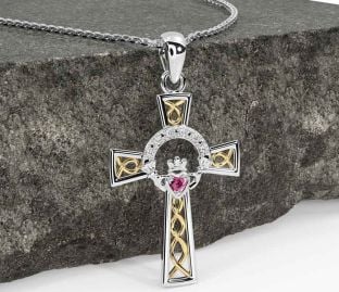 Diamond Pink Tourmaline White Yellow Gold Claddagh Celtic Cross Necklace