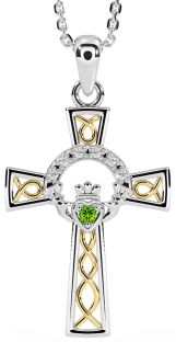 Diamond Peridot White Yellow Gold Claddagh Celtic Cross Necklace