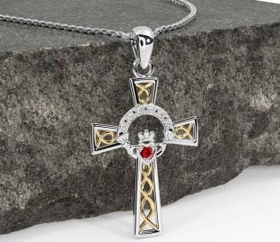 Diamond Ruby White Yellow Gold Claddagh Celtic Cross Necklace