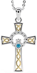Diamond Topaz White Yellow Gold Claddagh Celtic Cross Necklace