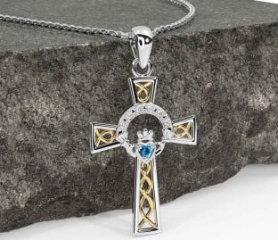 Diamond Topaz White Yellow Gold Claddagh Celtic Cross Necklace