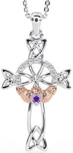 Diamond Amethyst Rose Gold Silver Claddagh Celtic Cross Necklace