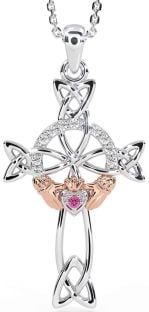 Diamond Pink Tourmaline Rose Gold Silver Claddagh Celtic Cross Necklace