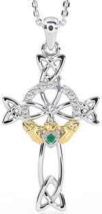 Diamond Emerald Gold Silver Claddagh Celtic Cross Necklace