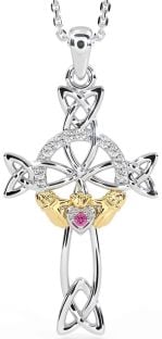 Diamond Pink Tourmaline Gold Silver Claddagh Celtic Cross Necklace