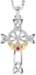 Diamond Ruby Gold Silver Claddagh Celtic Cross Necklace