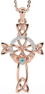 Diamond Aquamarine Rose Gold Silver Claddagh Celtic Cross Necklace