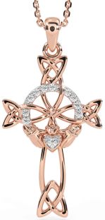 Diamond Rose Gold Silver Claddagh Celtic Cross Necklace
