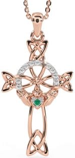 Diamond Emerald Rose Gold Silver Claddagh Celtic Cross Necklace