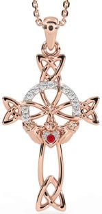 Diamond Ruby Rose Gold Silver Claddagh Celtic Cross Necklace